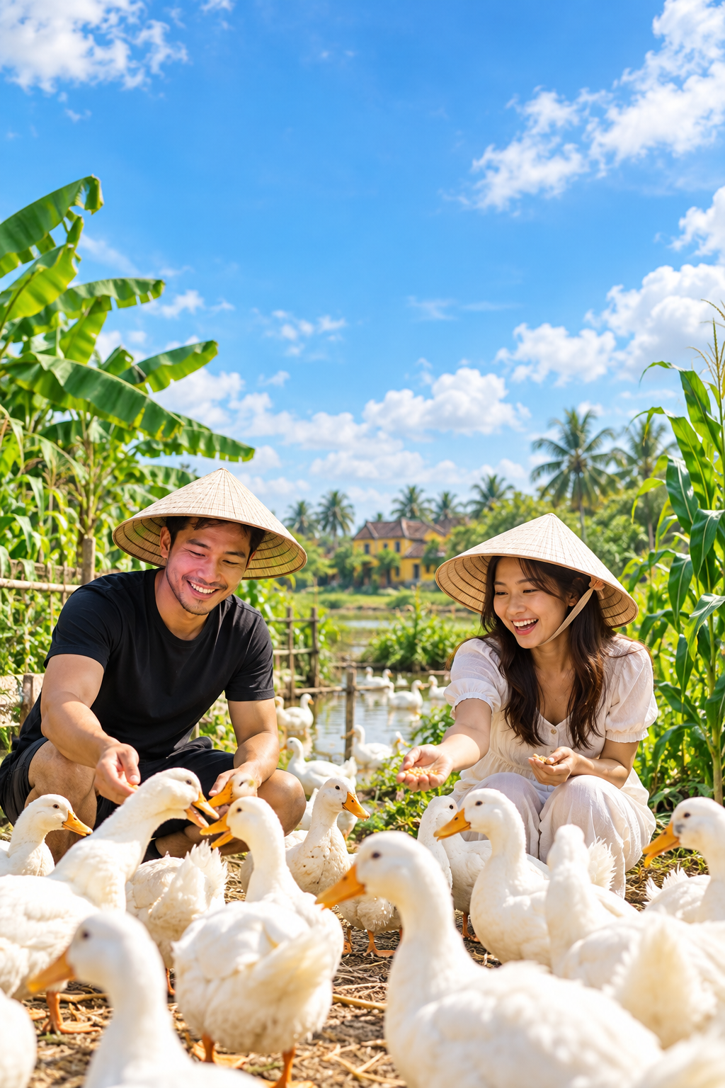 AI-generated illustration of visitors and white ducks in the Hoi An countryside