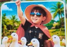 Child with a hat leading the ducks